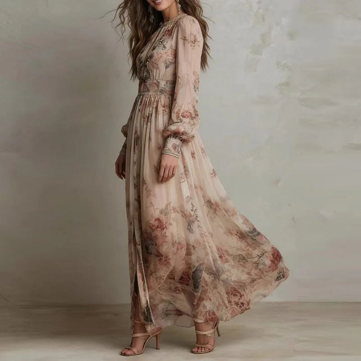 Liesel Damen Maxikleid mit Vintage-Blumenmuster, V-Ausschnitt und hoher Taille – Beige