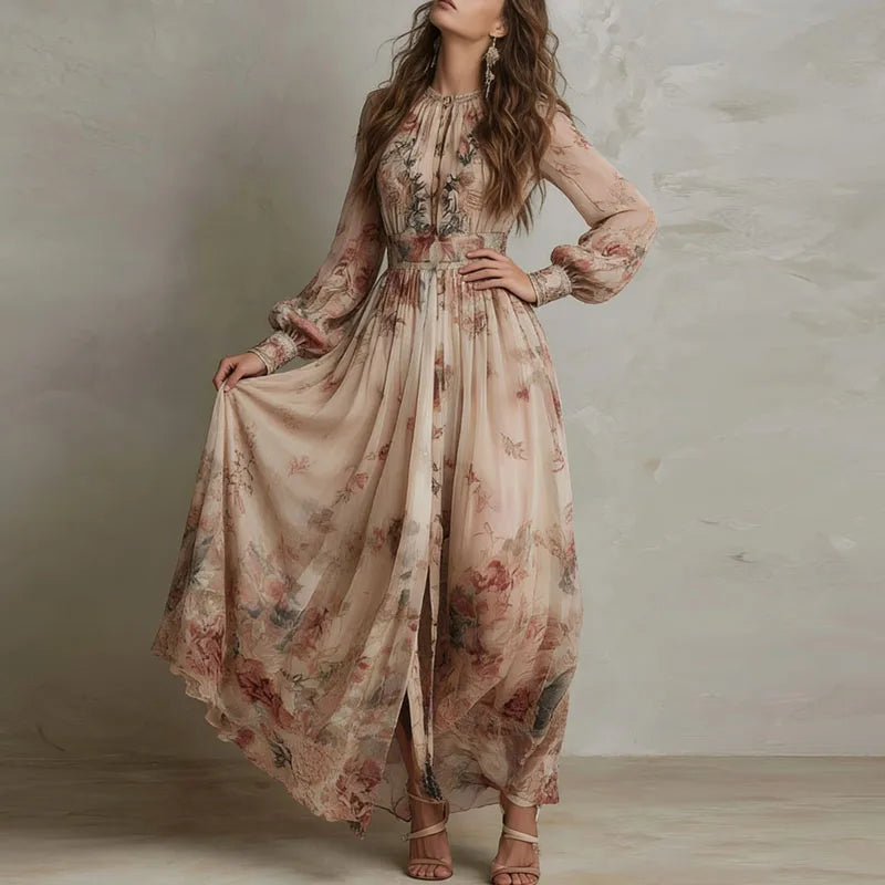 Liesel Damen Maxikleid mit Vintage-Blumenmuster, V-Ausschnitt und hoher Taille – Beige