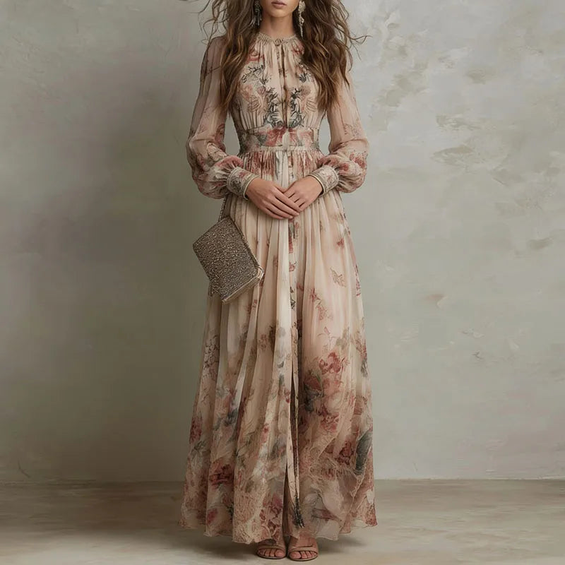 Liesel Damen Maxikleid mit Vintage-Blumenmuster, V-Ausschnitt und hoher Taille – Beige