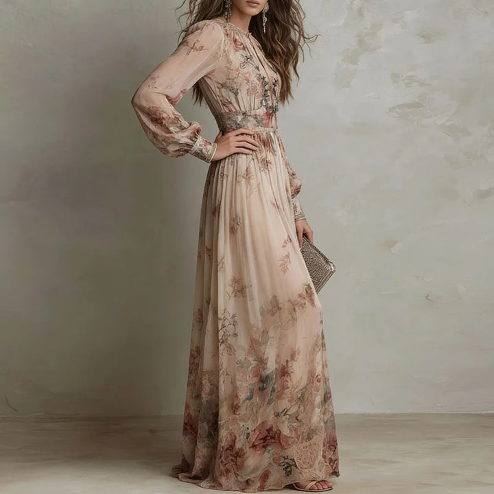 Liesel Damen Maxikleid mit Vintage-Blumenmuster, V-Ausschnitt und hoher Taille – Beige