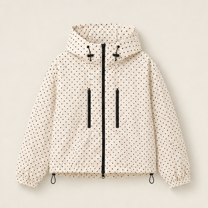 Liska Damen Kurze Oversize-Jacke mit weiter Kapuze und Ballonsaum – Gepunktet