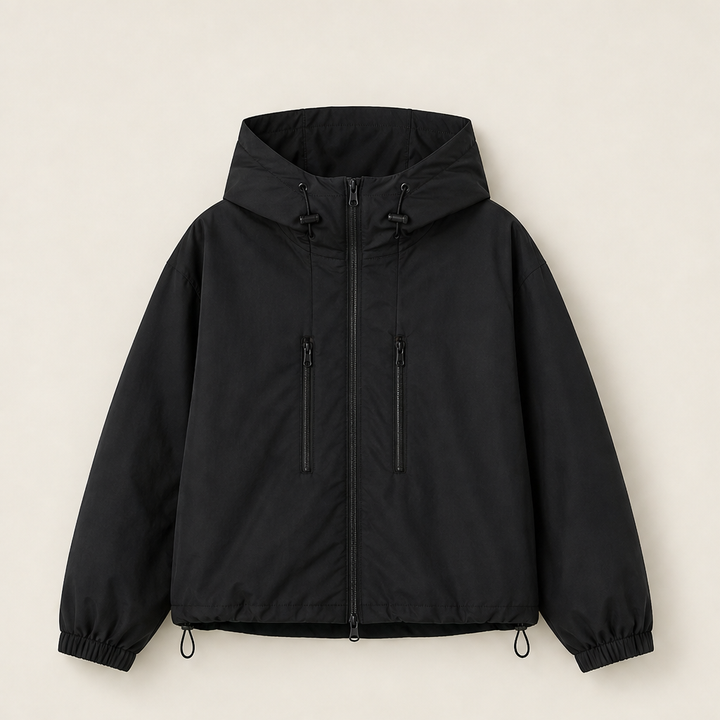 Liska Damen Kurze Oversize-Jacke mit weiter Kapuze und Ballonsaum – Schwarz