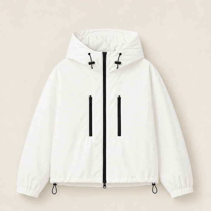 Liska Damen Kurze Oversize-Jacke mit weiter Kapuze und Ballonsaum – Weiß