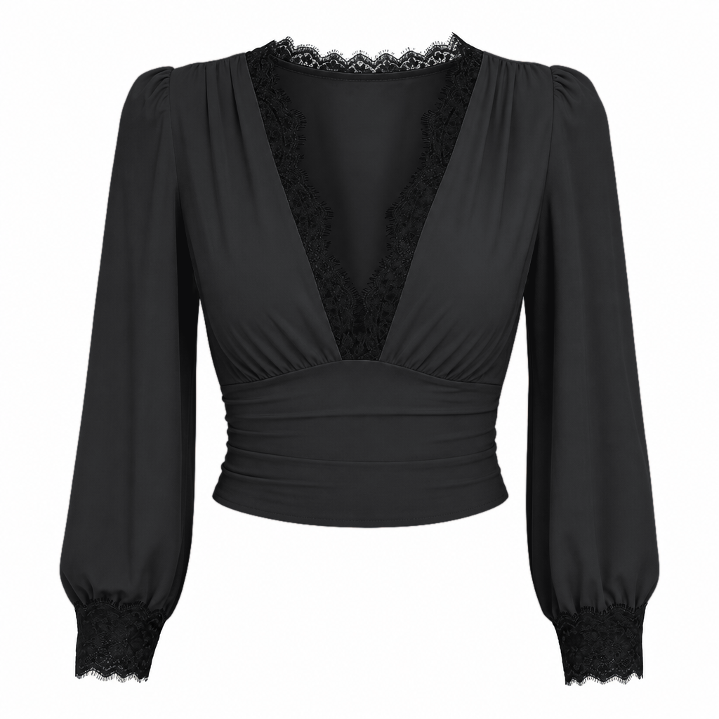 Liv Damen Shirt mit tiefem V-Ausschnitt und transparenten Ballonärmeln Schwarz