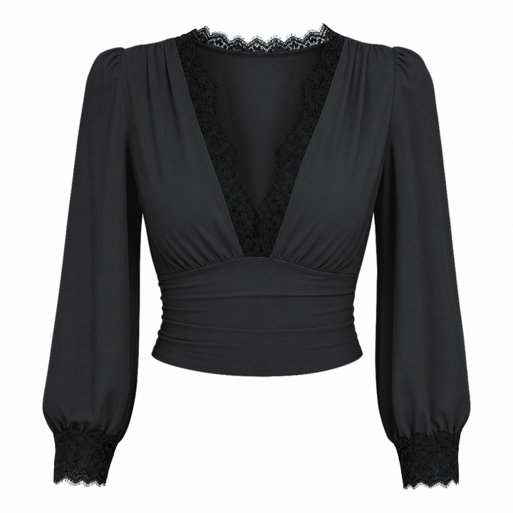 Liv Damen Shirt mit tiefem V-Ausschnitt und transparenten Ballonärmeln Schwarz