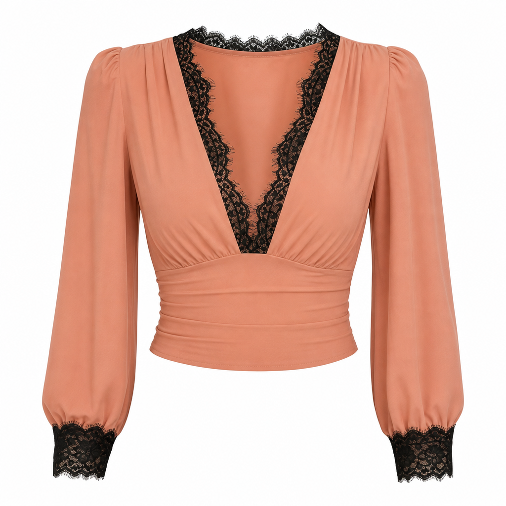 Liv Damen Shirt mit tiefem V-Ausschnitt und transparenten Ballonärmeln Nude