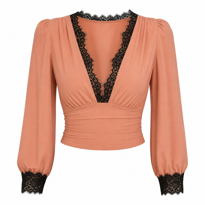 Liv Damen Shirt mit tiefem V-Ausschnitt und transparenten Ballonärmeln Nude