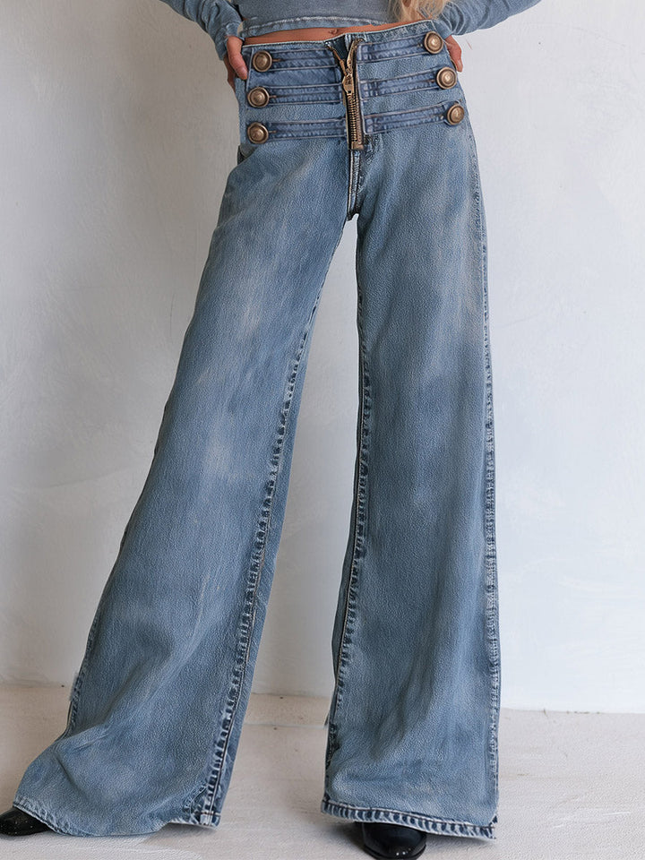 Liv Damen weite Jeans mit Knopfriegel-Bund und sichtbarem Reißverschluss