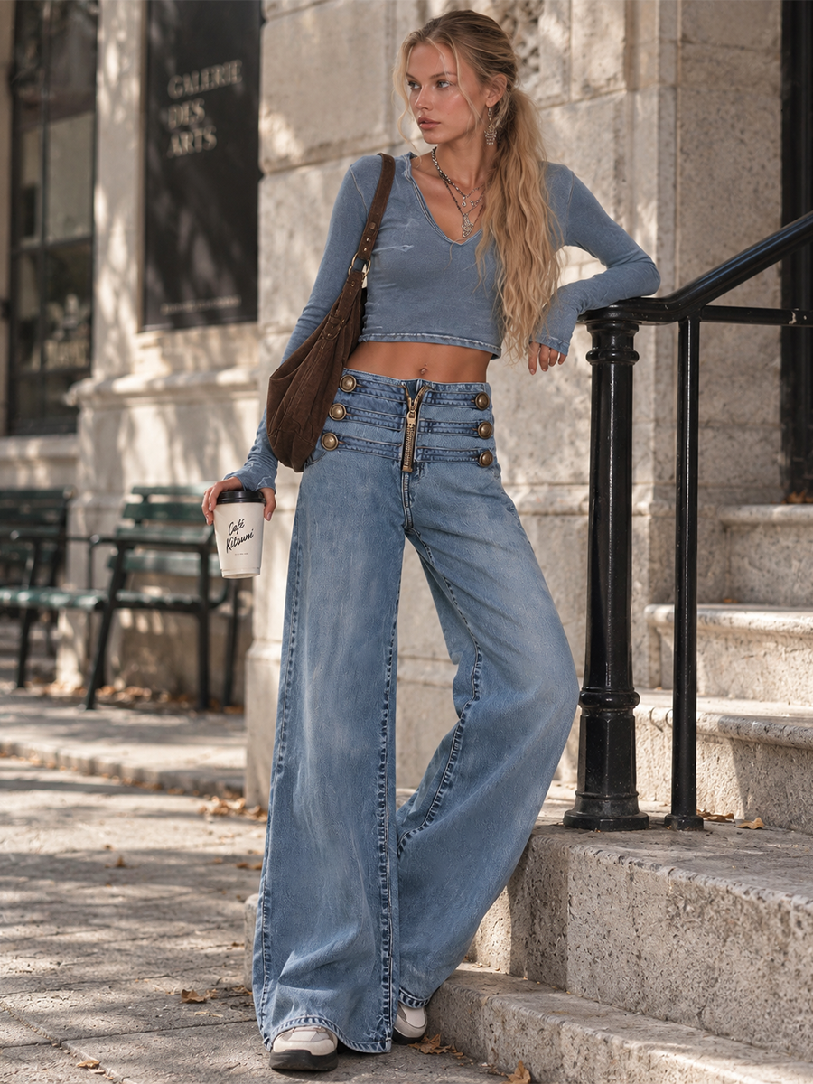 Liv Damen weite Jeans mit Knopfriegel-Bund und sichtbarem Reißverschluss