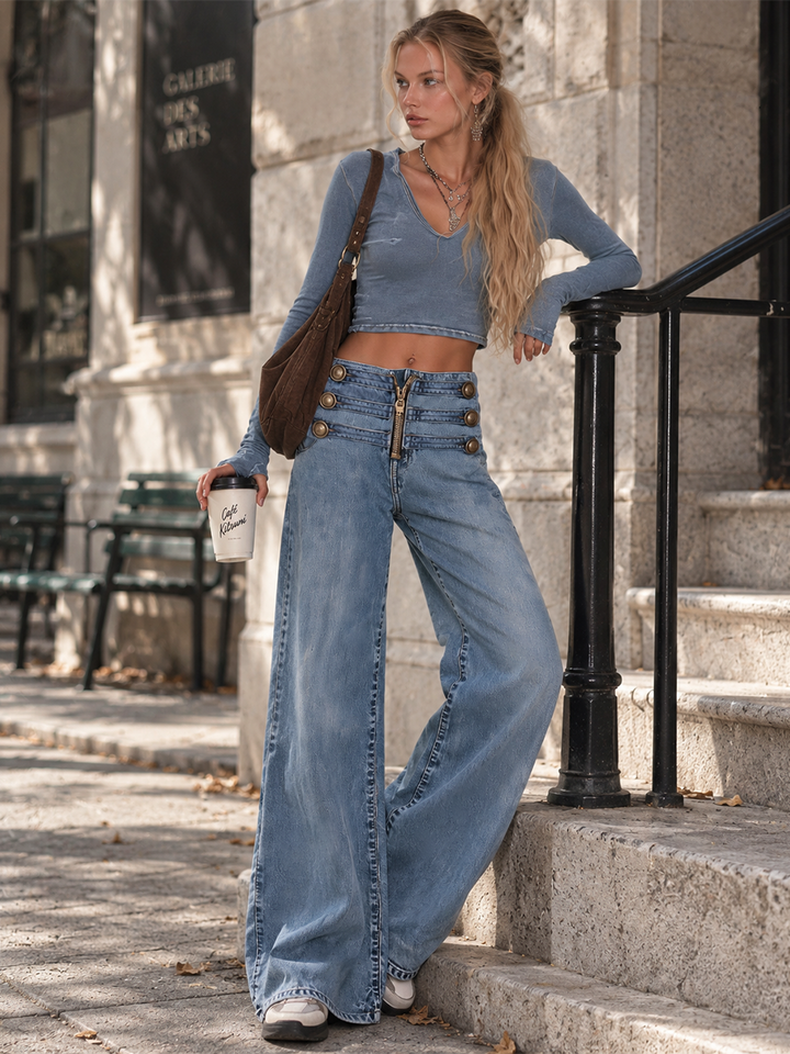 Liv Damen weite Jeans mit Knopfriegel-Bund und sichtbarem Reißverschluss
