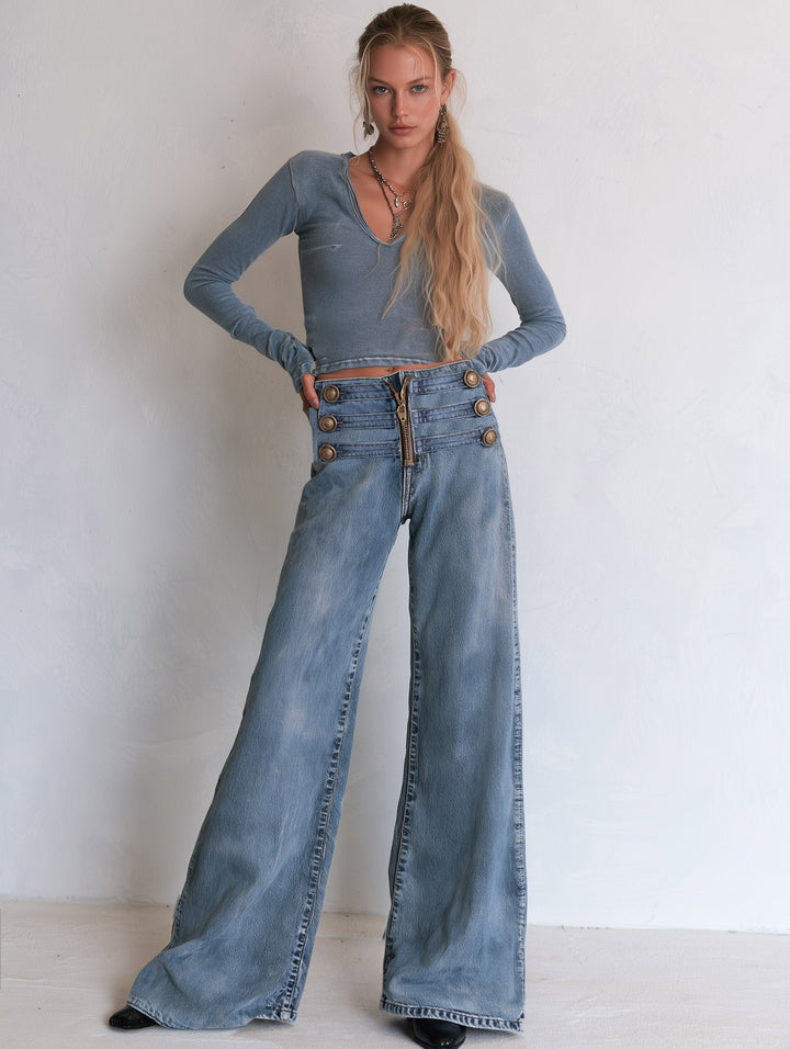 Liv Damen weite Jeans mit Knopfriegel-Bund und sichtbarem Reißverschluss – Blau