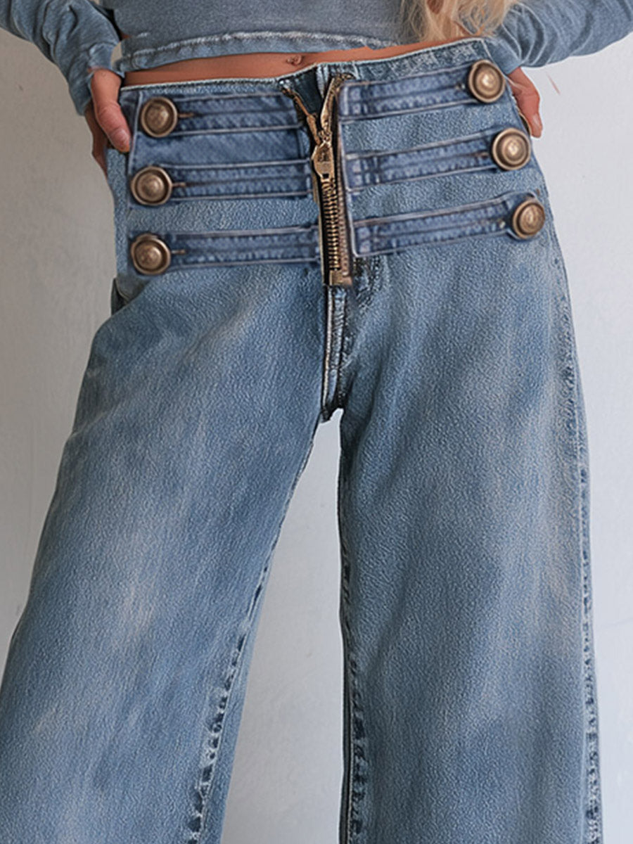 Liv Damen weite Jeans mit Knopfriegel-Bund und sichtbarem Reißverschluss