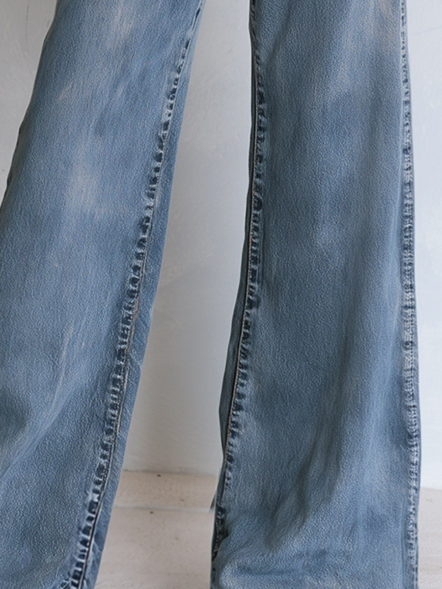 Liv Damen weite Jeans mit Knopfriegel-Bund und sichtbarem Reißverschluss