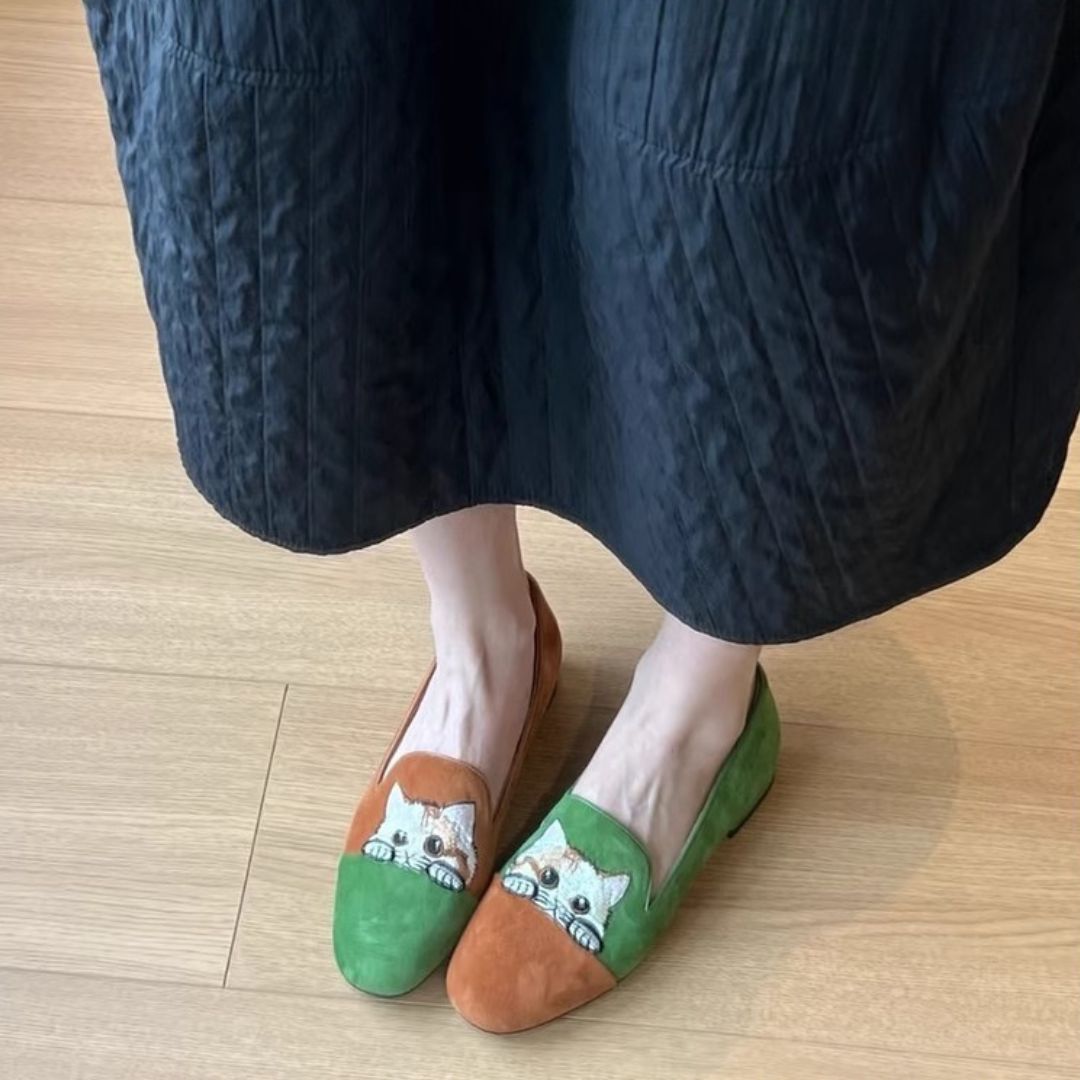 Loafer Damen mit Katzenmotiv und Runder Kappe