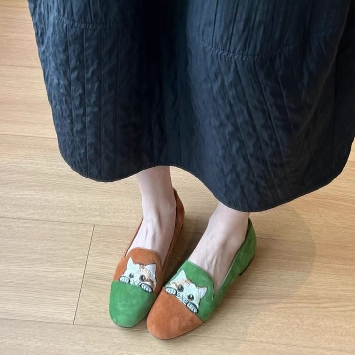 Loafer Damen mit Katzenmotiv und Runder Kappe