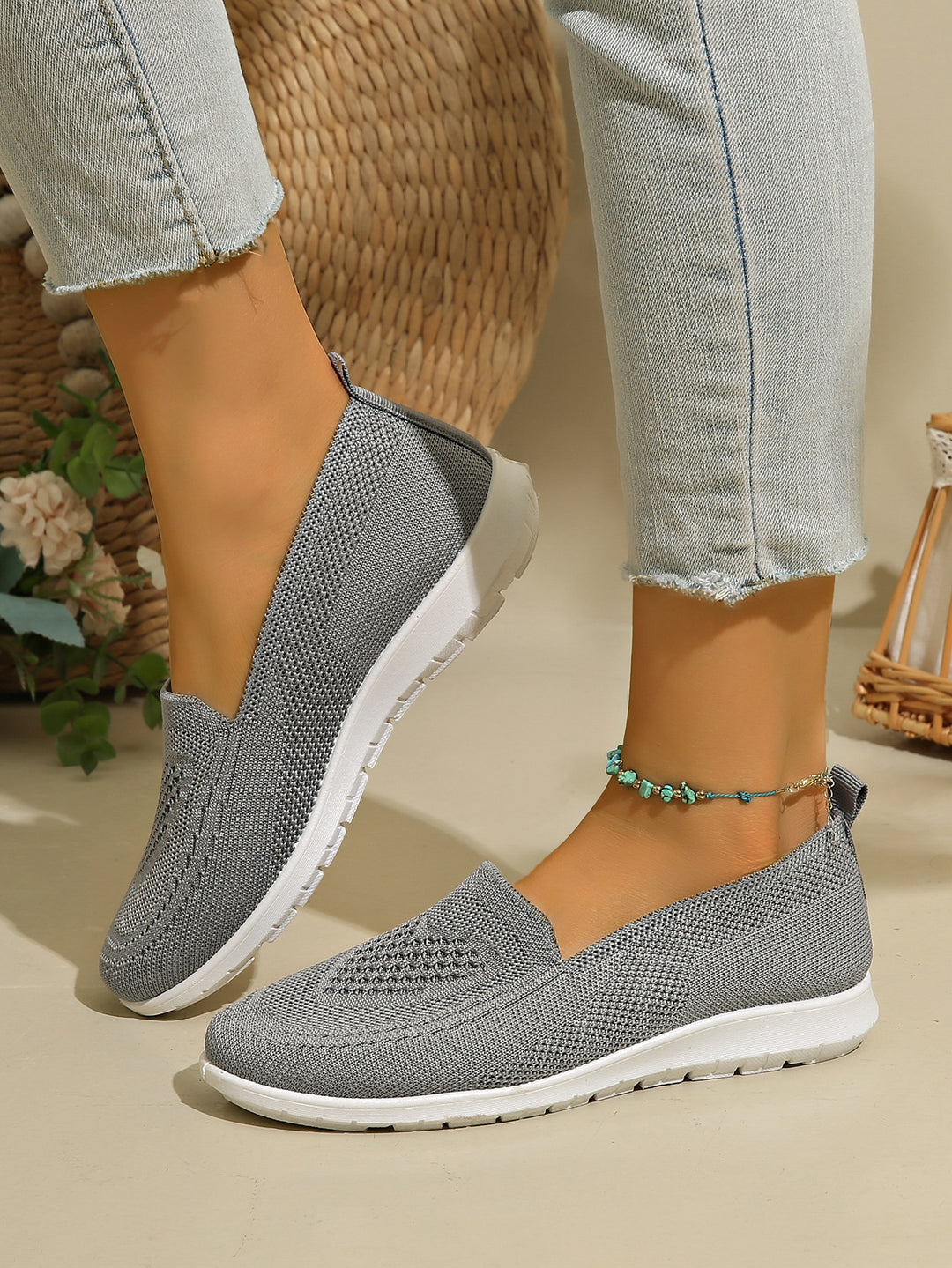 Loafer Damen mit Strick-Obermaterial und weißer Sohle