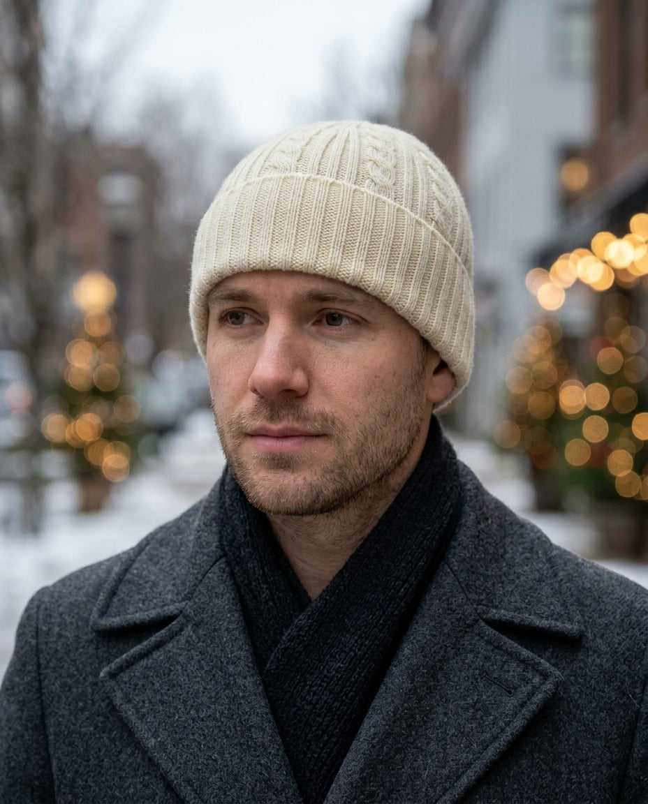 Herren Beanie im Zopfstrick mit Umschlag – Creme