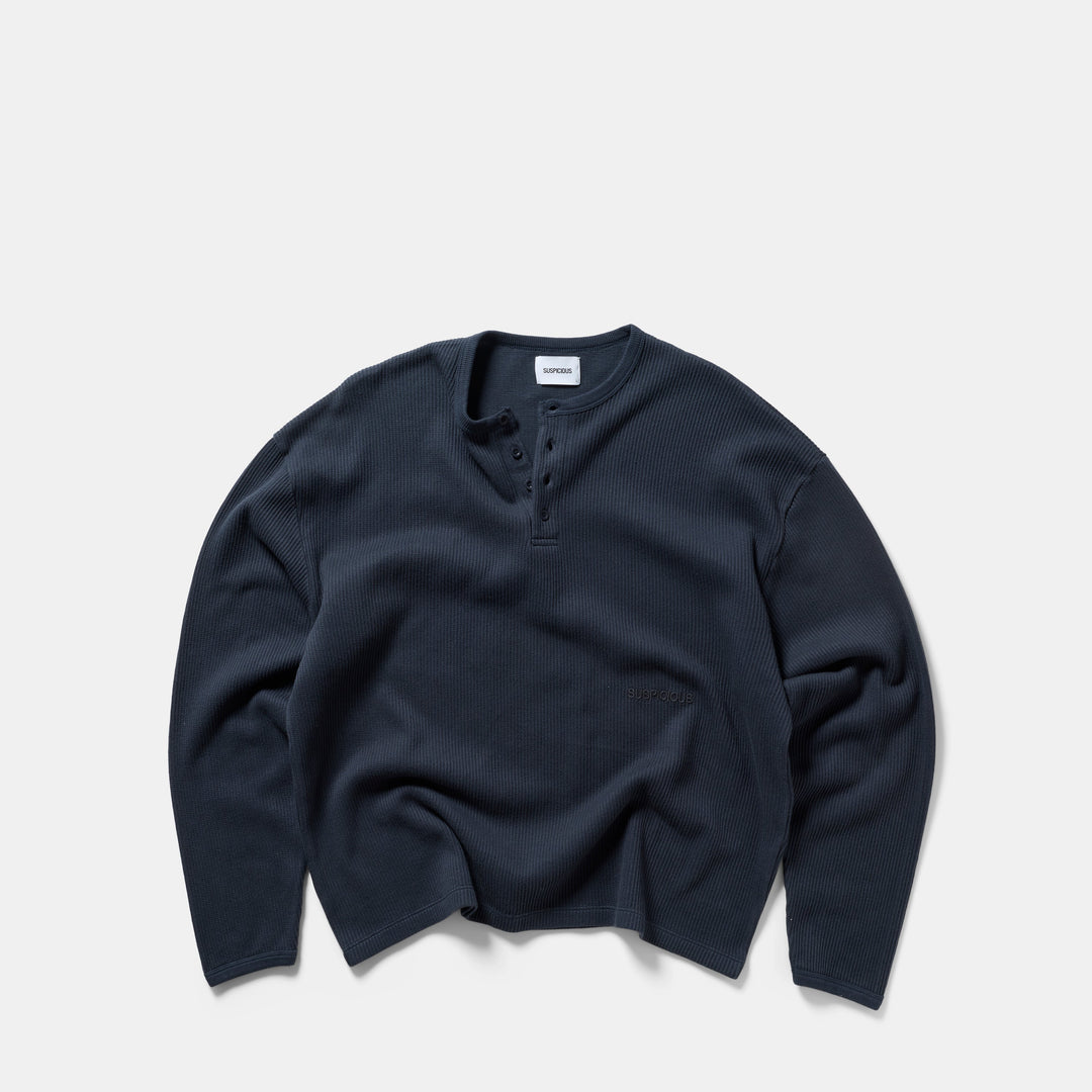 Lukas Herren Oversized Henley Langarmshirt mit Waffelstruktur – Nachtblau