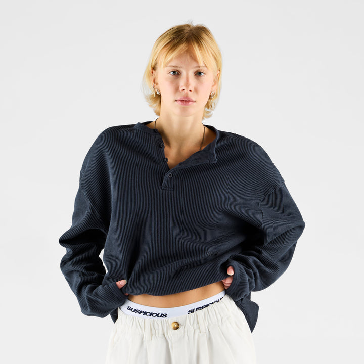 Lukas Herren Oversized Henley Langarmshirt mit Waffelstruktur – Nachtblau
