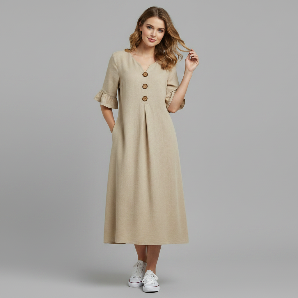 Malene Damen Midikleid mit V-Ausschnitt, Knopfleiste und Volantärmeln