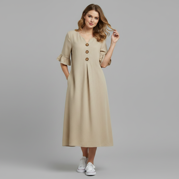 Malene Damen Midikleid mit V-Ausschnitt, Knopfleiste und Volantärmeln