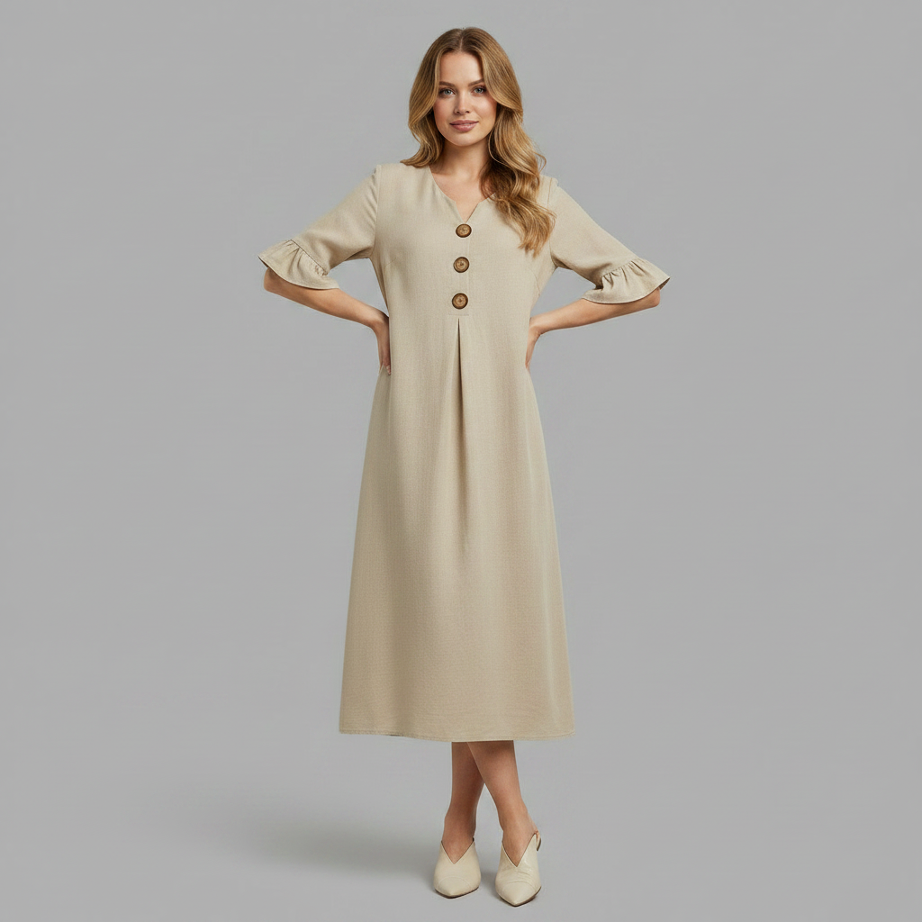 Malene Damen Midikleid mit V-Ausschnitt, Knopfleiste und Volantärmeln