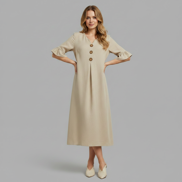 Malene Damen Midikleid mit V-Ausschnitt, Knopfleiste und Volantärmeln