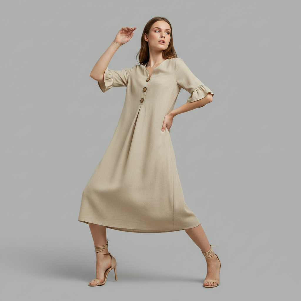 Malene Damen Midikleid mit V-Ausschnitt, Knopfleiste und Volantärmeln