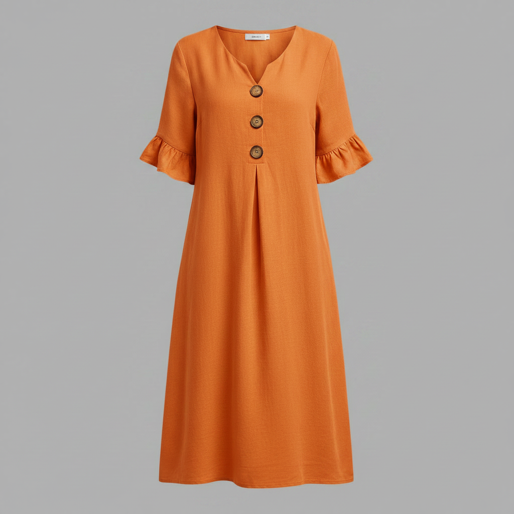 Malene Damen Midikleid mit V-Ausschnitt, Knopfleiste und Volantärmeln