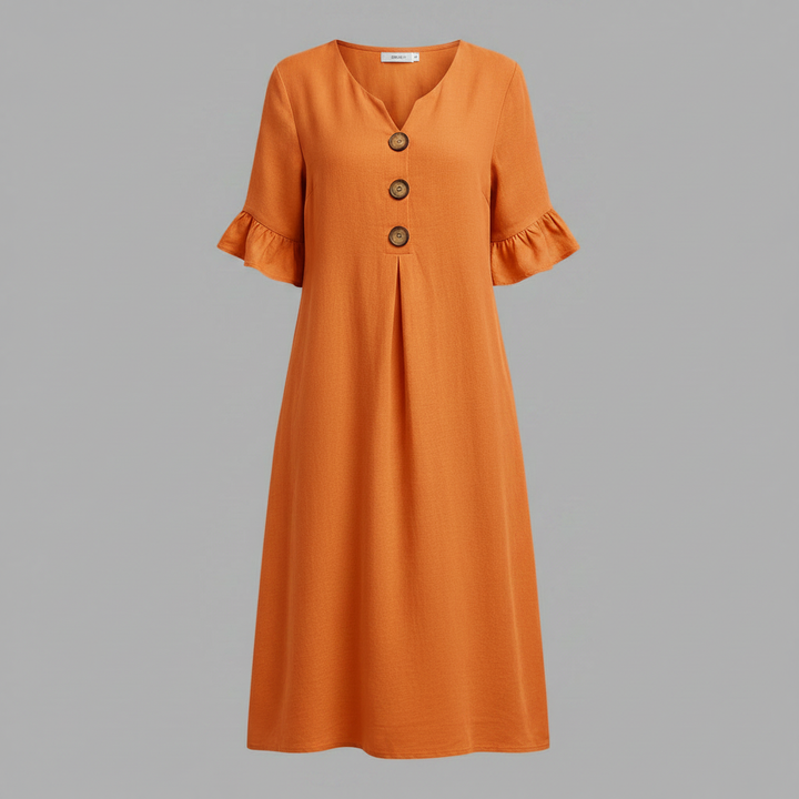 Malene Damen Midikleid mit V-Ausschnitt, Knopfleiste und Volantärmeln