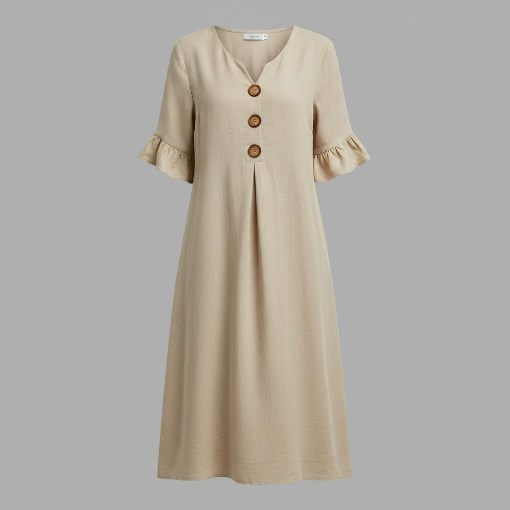 Malene Damen Midikleid mit V-Ausschnitt, Knopfleiste und Volantärmeln – Aprikose