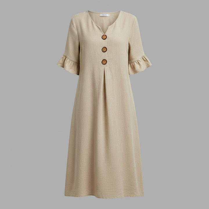 Malene Damen Midikleid mit V-Ausschnitt, Knopfleiste und Volantärmeln – Aprikose