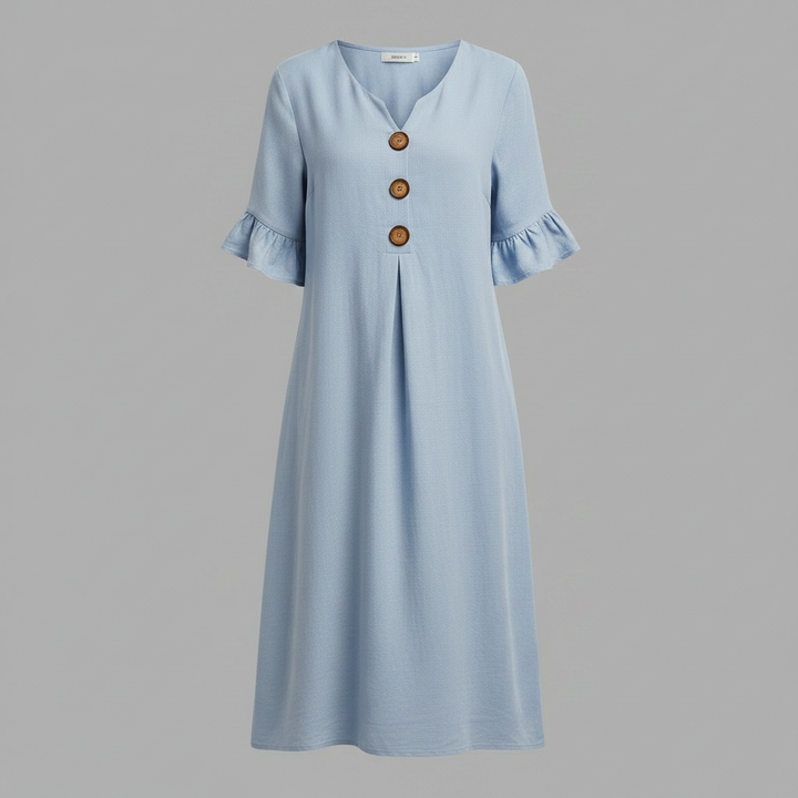 Malene Damen Midikleid mit V-Ausschnitt, Knopfleiste und Volantärmeln – Blau