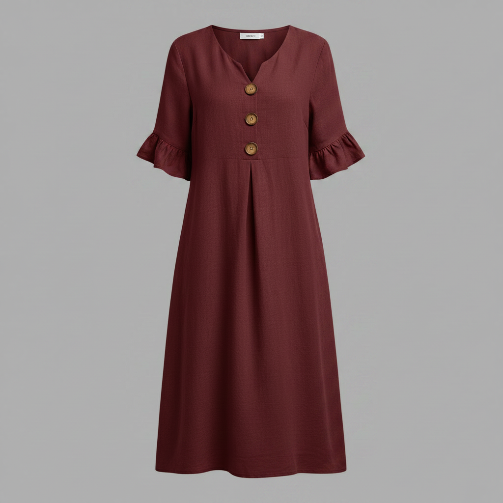 Malene Damen Midikleid mit V-Ausschnitt, Knopfleiste und Volantärmeln – Bordeaux