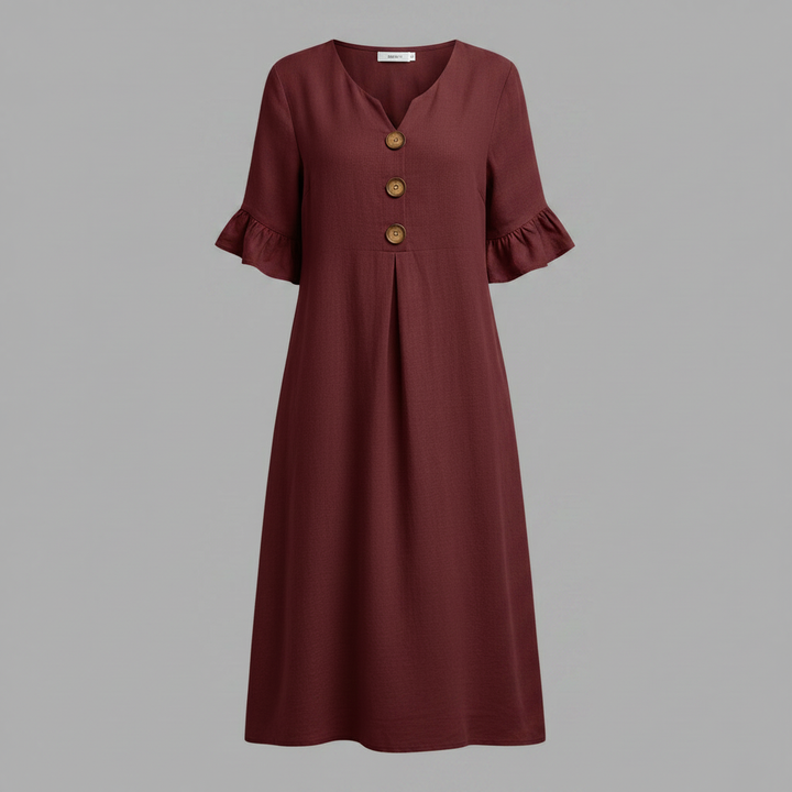 Malene Damen Midikleid mit V-Ausschnitt, Knopfleiste und Volantärmeln – Bordeaux