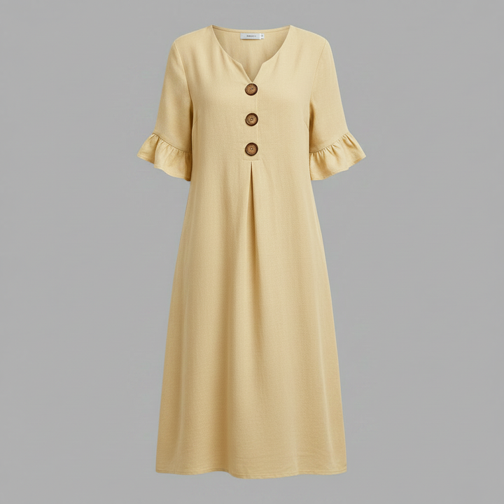 Malene Damen Midikleid mit V-Ausschnitt, Knopfleiste und Volantärmeln – Gelb