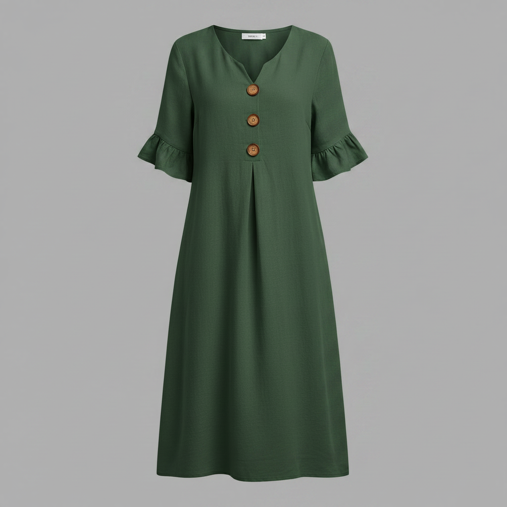 Malene Damen Midikleid mit V-Ausschnitt, Knopfleiste und Volantärmeln – Grün