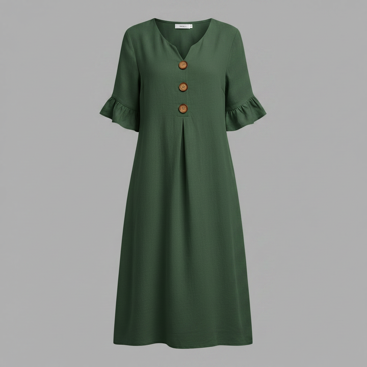 Malene Damen Midikleid mit V-Ausschnitt, Knopfleiste und Volantärmeln – Grün