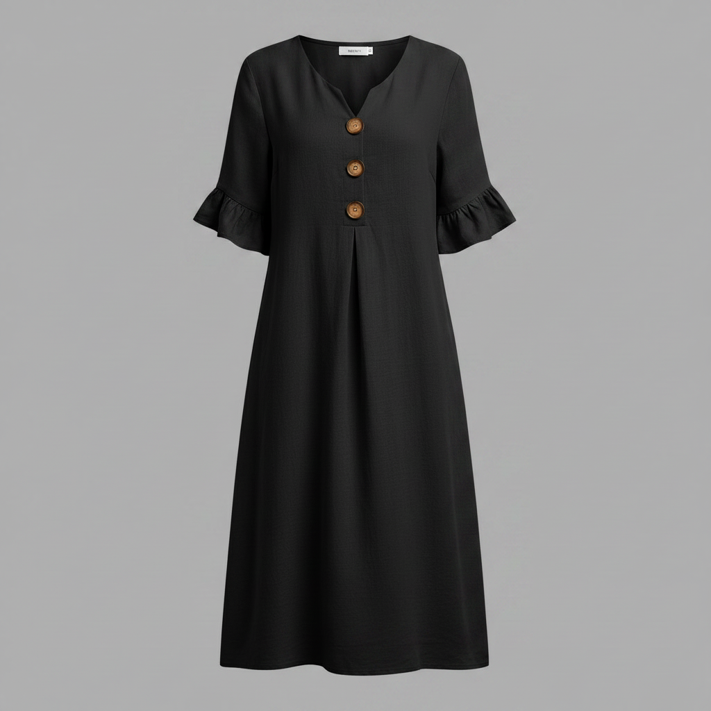 Malene Damen Midikleid mit V-Ausschnitt, Knopfleiste und Volantärmeln – Schwarz