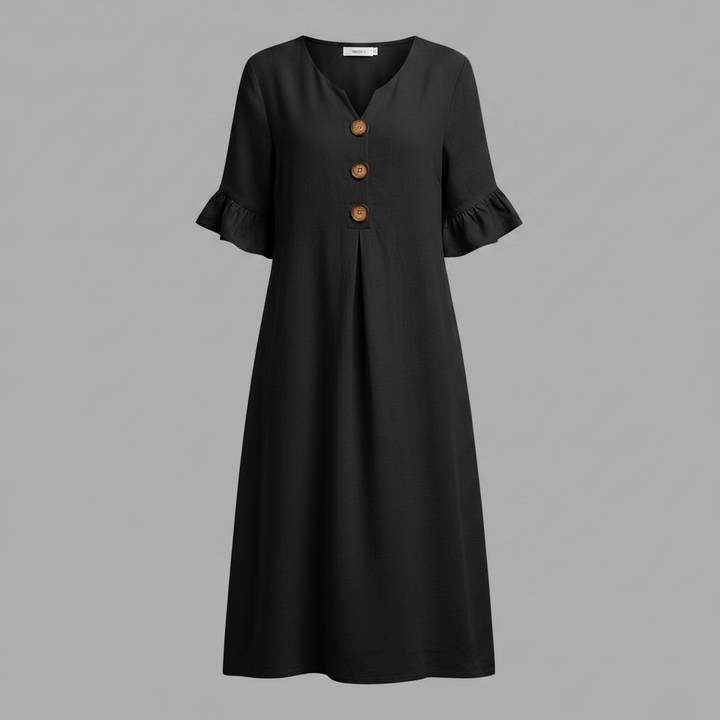 Malene Damen Midikleid mit V-Ausschnitt, Knopfleiste und Volantärmeln – Schwarz