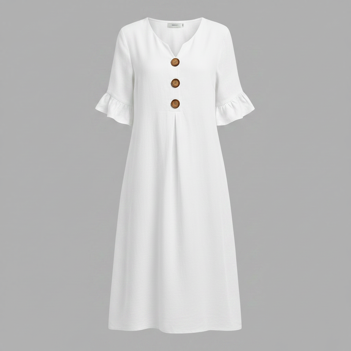 Malene Damen Midikleid mit V-Ausschnitt, Knopfleiste und Volantärmeln – Weiß