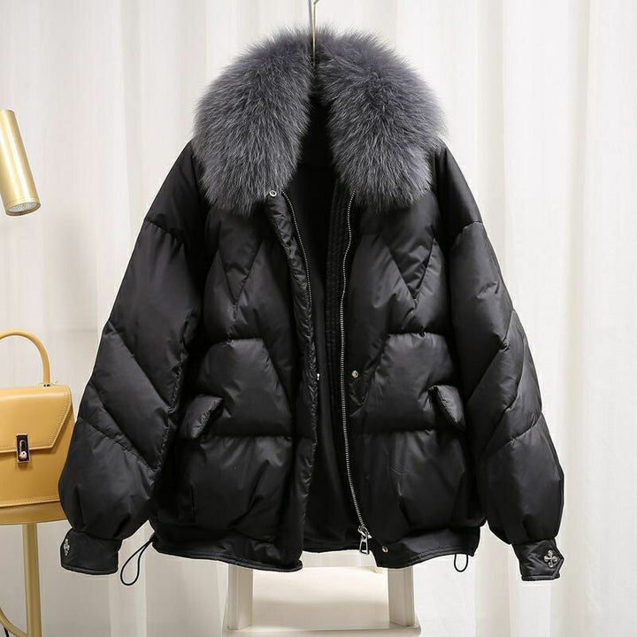 Malin Damen Steppjacke mit Plüschkragen und lockerer Passform – Schwarz mit grauem Kragen