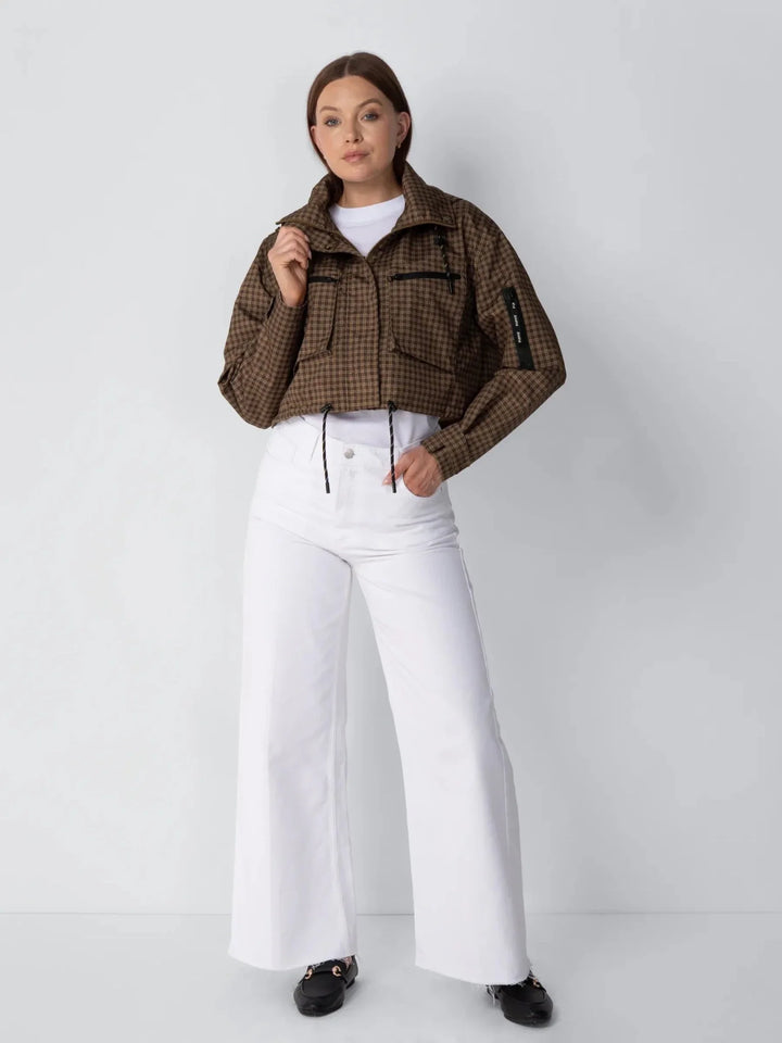 Mara Damen Kurze Regenjacke mit Kapuze und Kordelzug – Braun Kariert