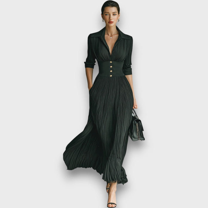 Marlene Damen Maxikleid mit V-Ausschnitt, Zierknöpfen und Faltenrock