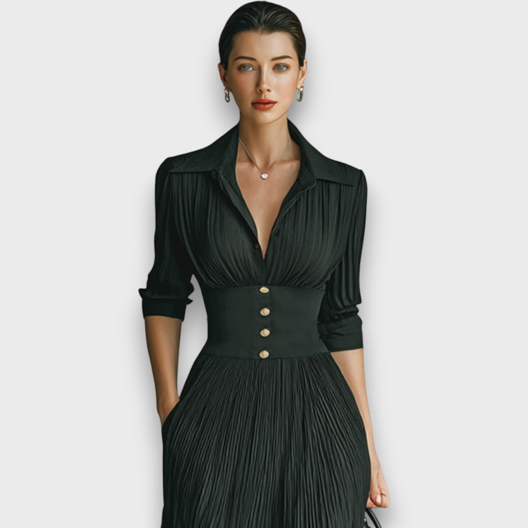 Marlene Damen Maxikleid mit V-Ausschnitt, Zierknöpfen und Faltenrock