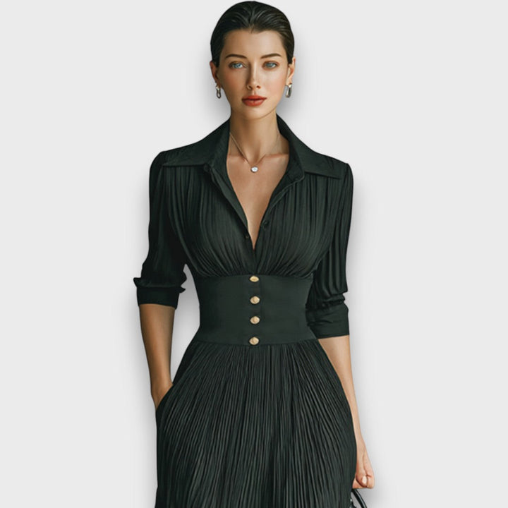 Marlene Damen Maxikleid mit V-Ausschnitt, Zierknöpfen und Faltenrock