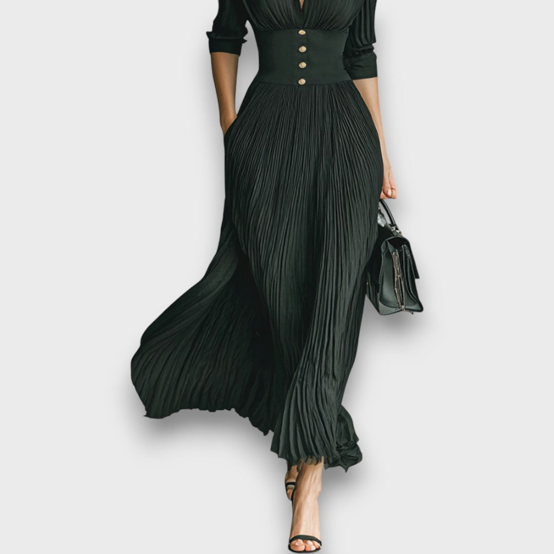 Marlene Damen Maxikleid mit V-Ausschnitt, Zierknöpfen und Faltenrock