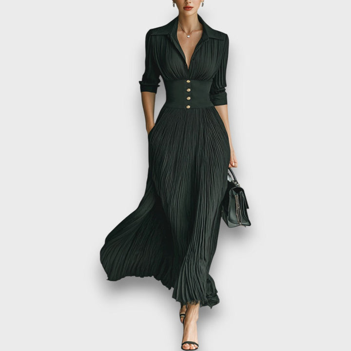 Marlene Damen Maxikleid mit V-Ausschnitt, Zierknöpfen und Faltenrock
