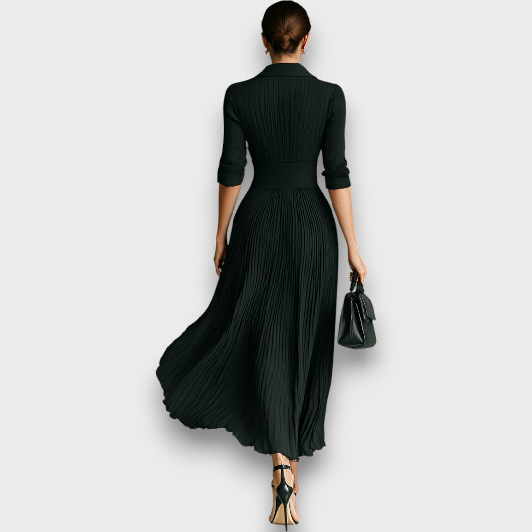 Marlene Damen Maxikleid mit V-Ausschnitt, Zierknöpfen und Faltenrock
