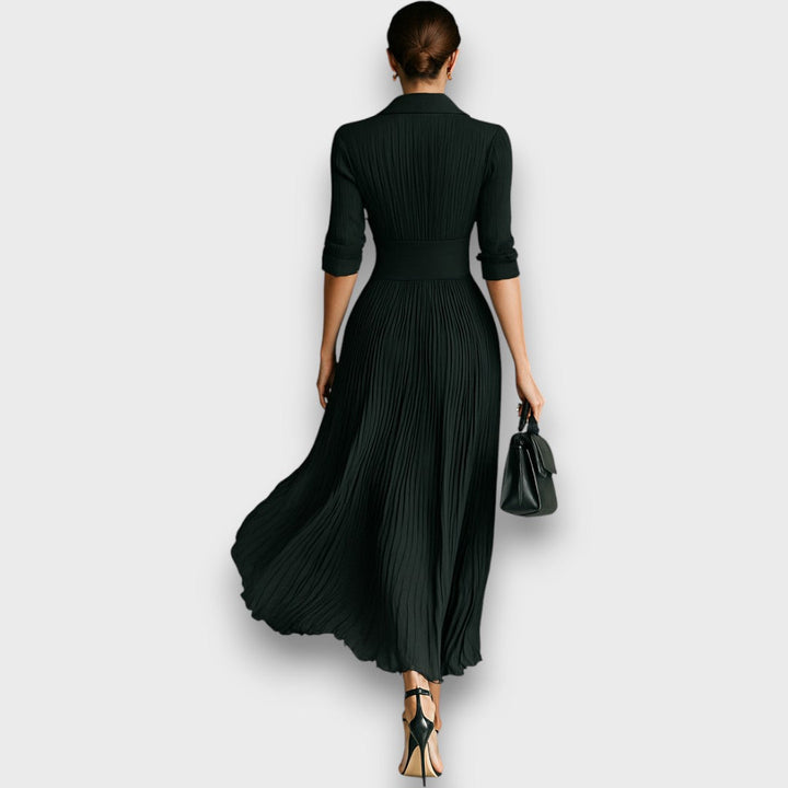 Marlene Damen Maxikleid mit V-Ausschnitt, Zierknöpfen und Faltenrock
